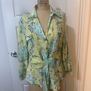 NIC+ZOE Tropical tie-front Green and Yellow Blouse